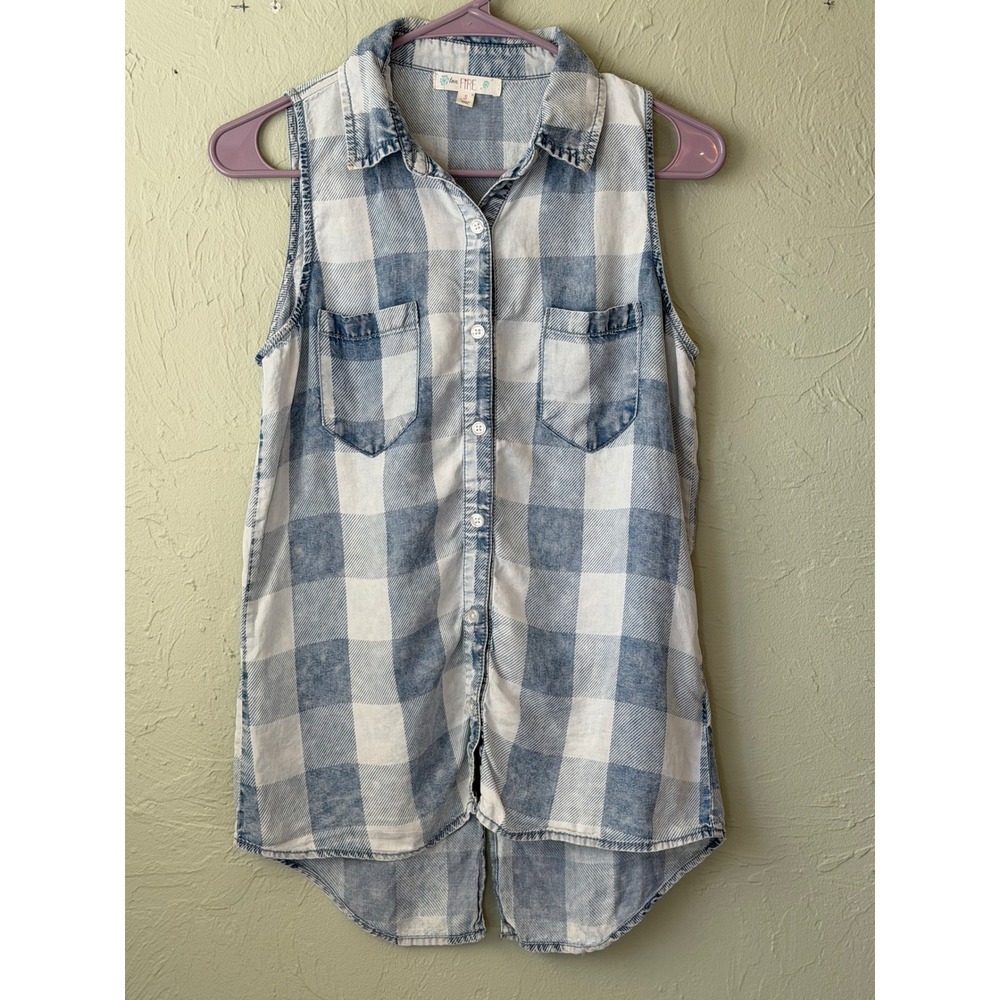Love Fire Womens Blue Buffalo Plaid Sleeveless Button Down‎ Shirt S